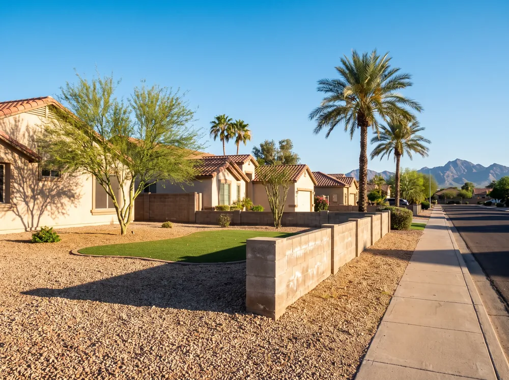Quiet Glendale street with stucco homes, gravel yards and palm trees