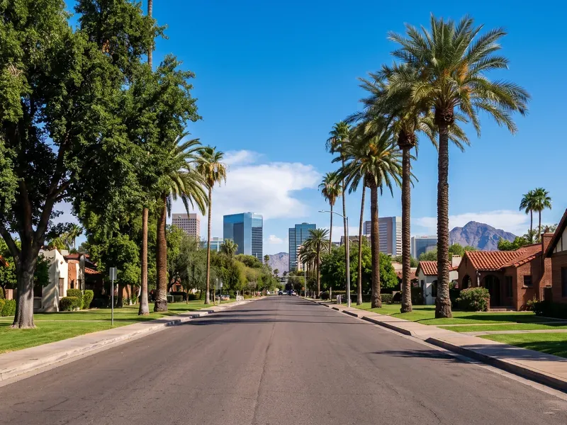 Historic bungalow street in central Phoenix with downtown towers behind